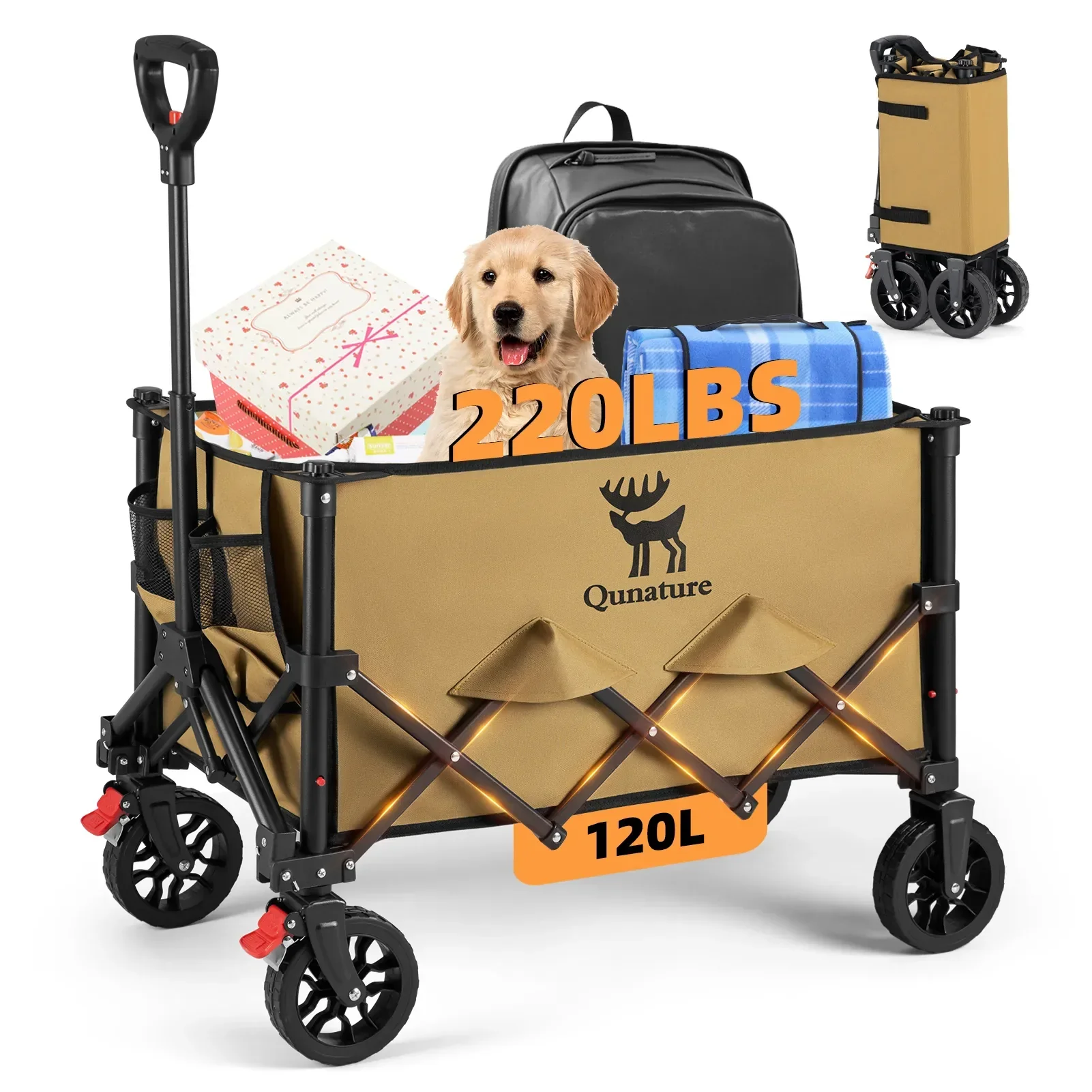 Qunature 220lbs Foldable Utility Wagon Cart with 360° Swivel Wheels - Image 2