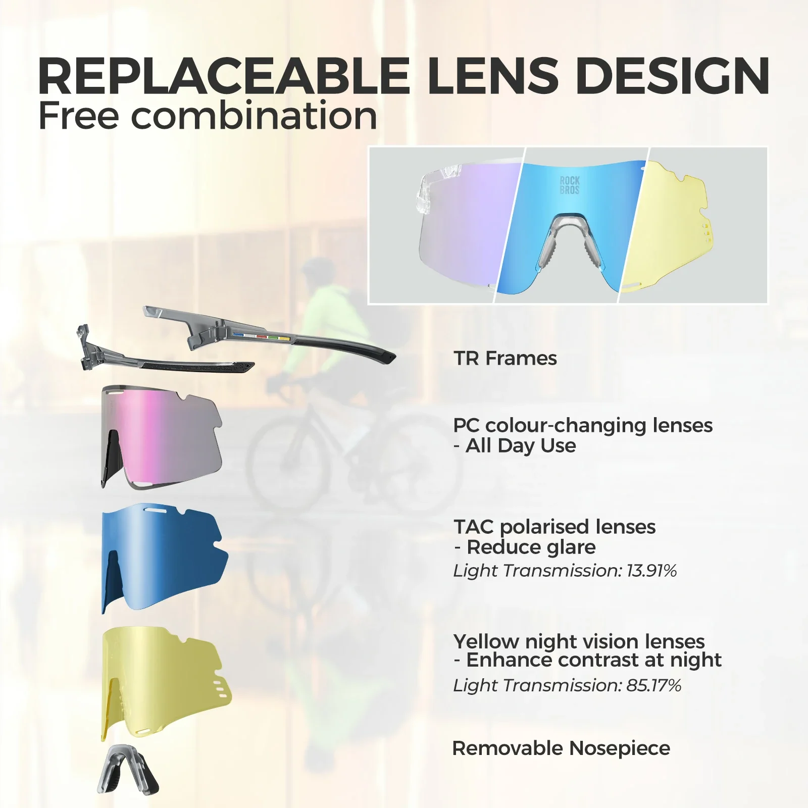 BOUNDLESS Three Lens Photochromic Cycling Sports Sunglasses - Image 17