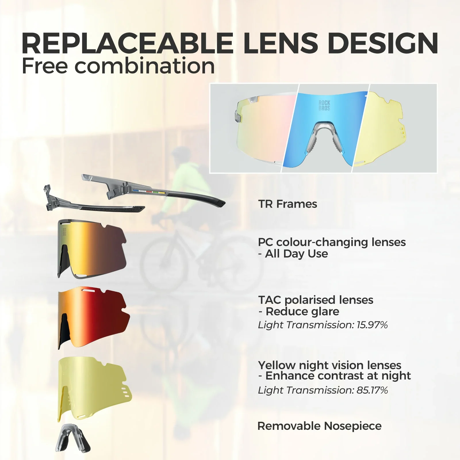 BOUNDLESS Three Lens Photochromic Cycling Sports Sunglasses - Image 18