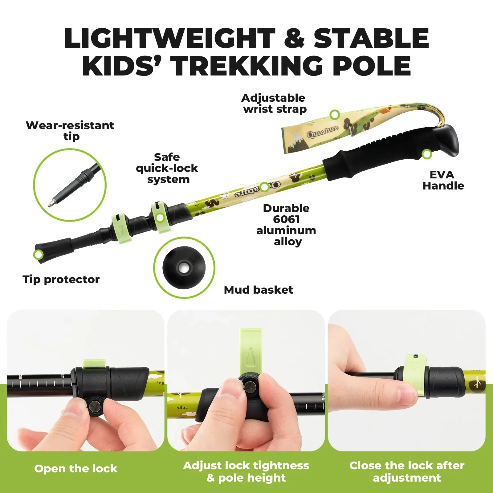 Qunature Kids Aluminum Trekking Pole with Adjustable Height - Image 7