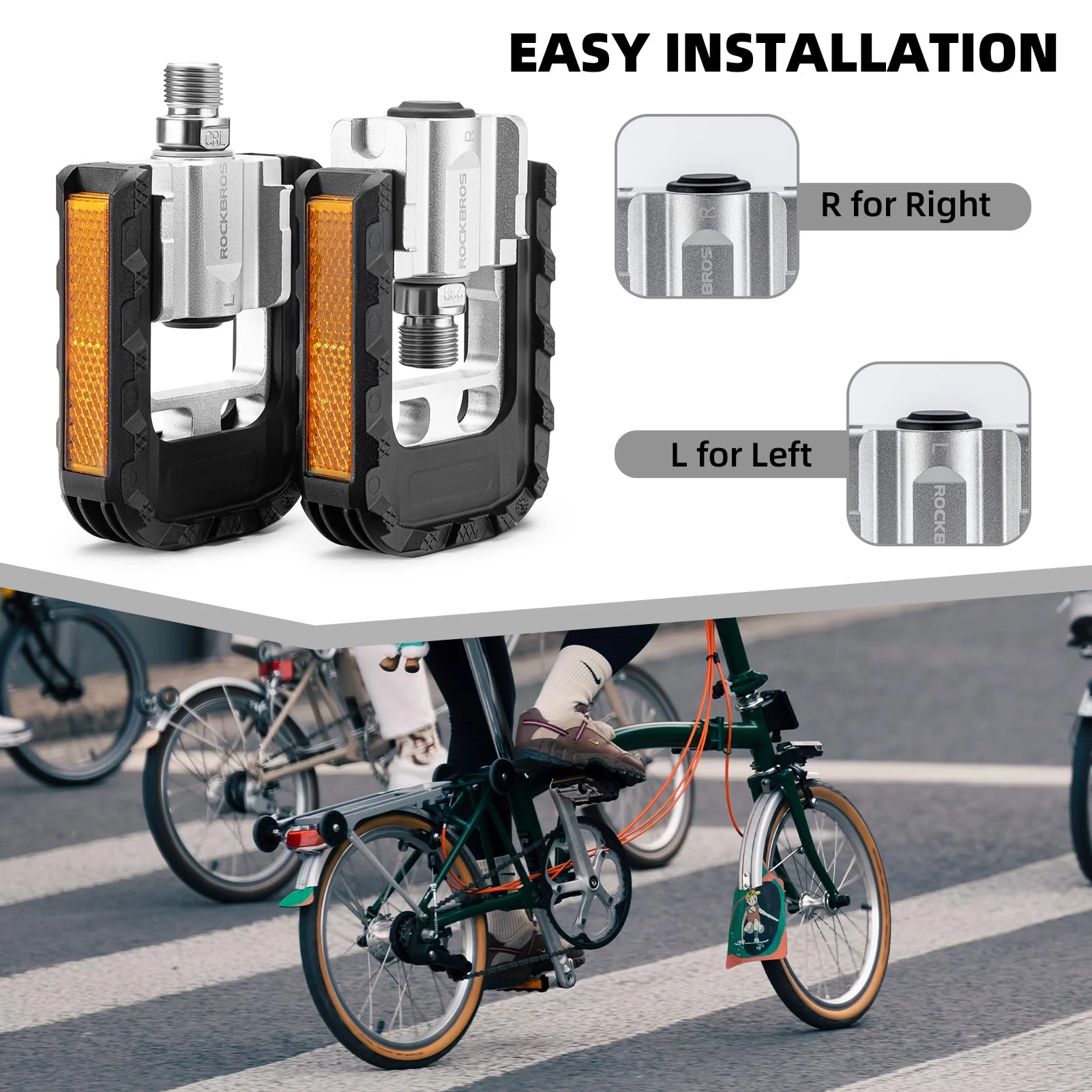 ROCKBROS Aluminum Alloy Foldable Bike Pedals 9/16 with Lightweight Reflective Strips Non-Slip - Image 5