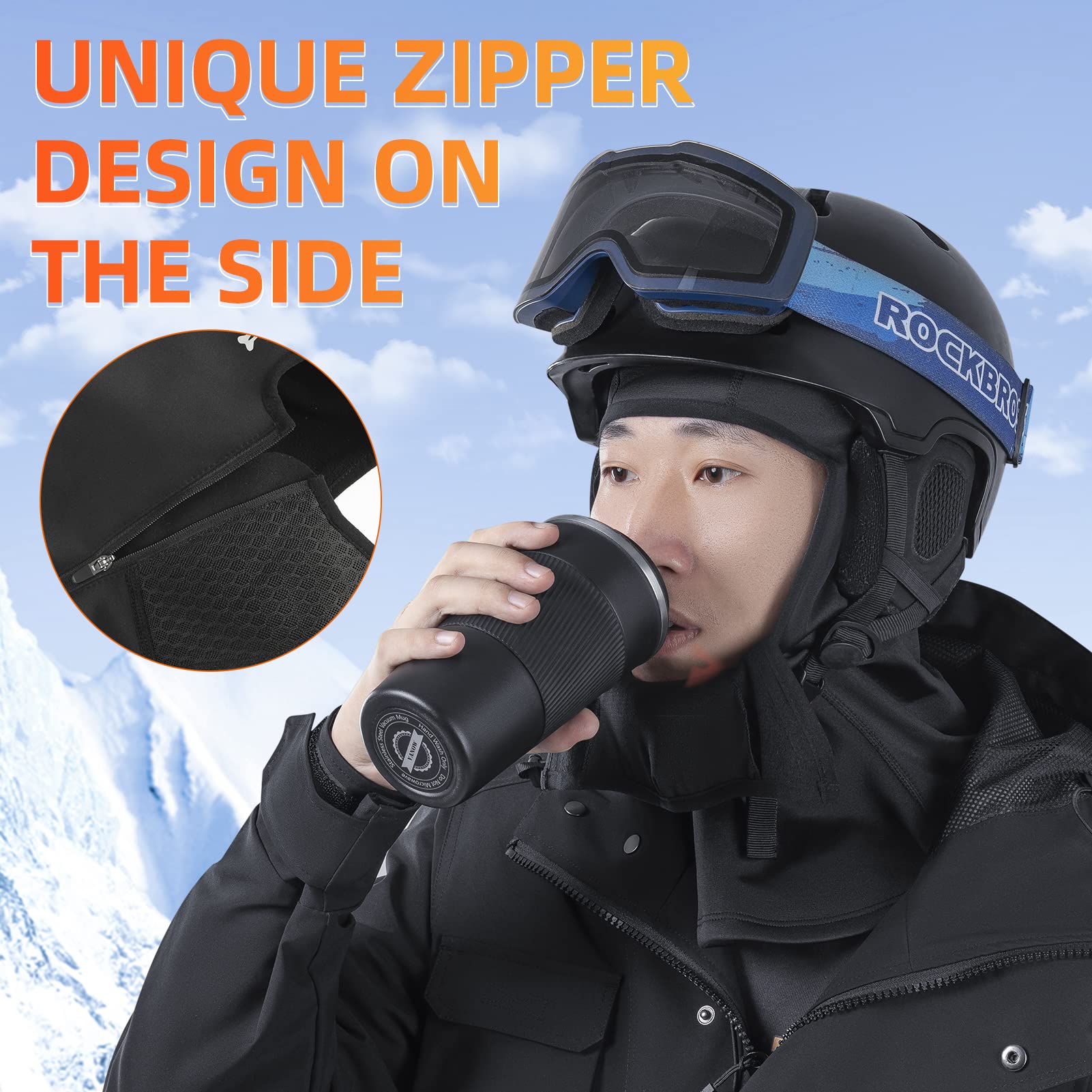 ROCKBROS Balaclava Ski Mask with Zipper Waterproof Winter Fleece Hood Black - Image 7