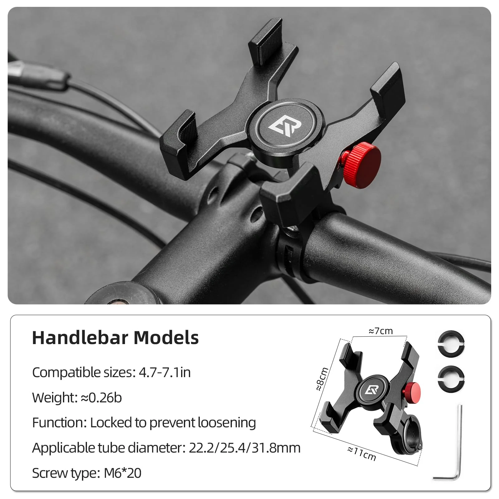 ROCKBROS Bike Phone Holder, Aluminum Handlebar Mount for 4.7-7.1" Phones - Image 3