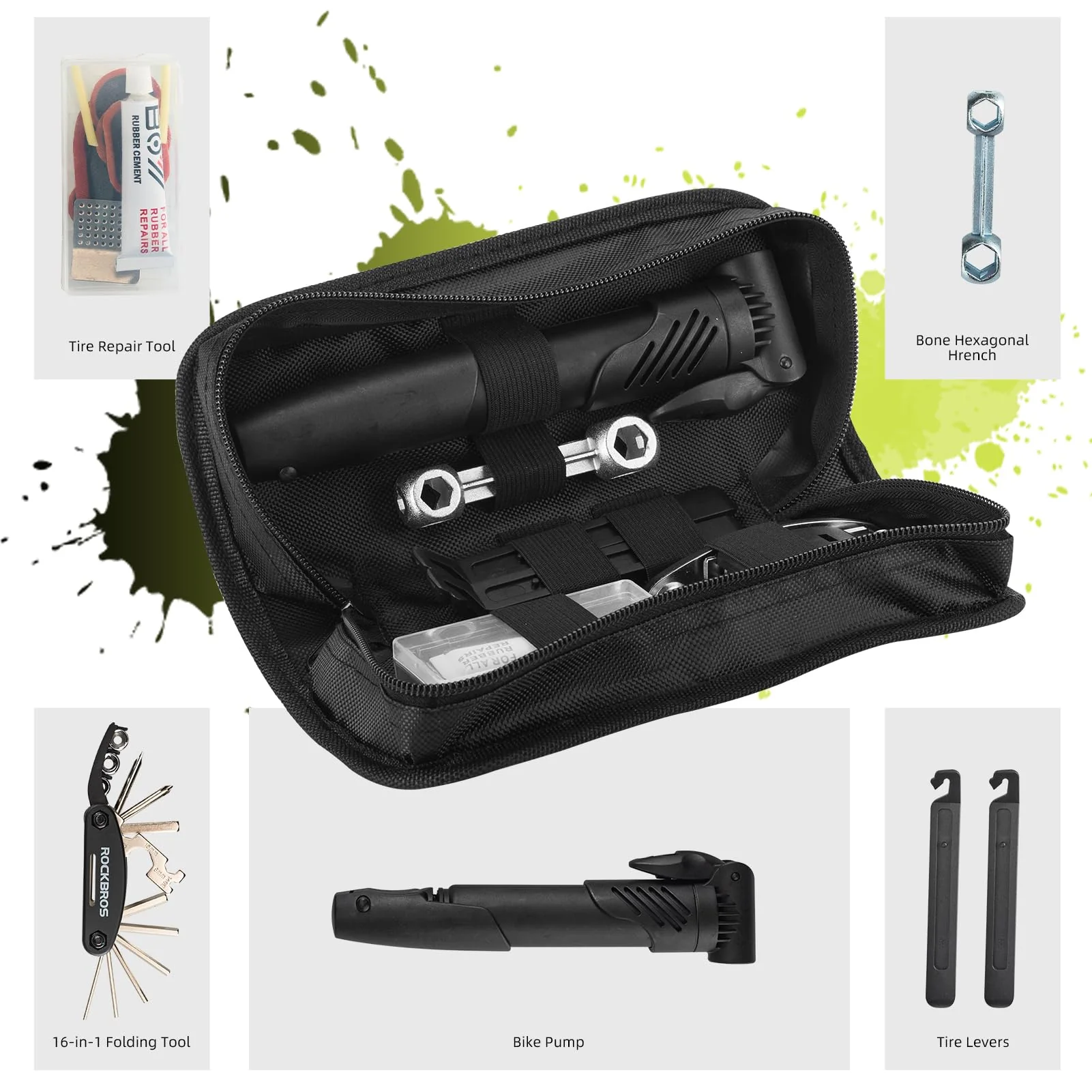ROCKBROS Bike Tool Kit with Tire Pump, Multi-Function Tool, Patches, Portable Repair Bag - Image 2