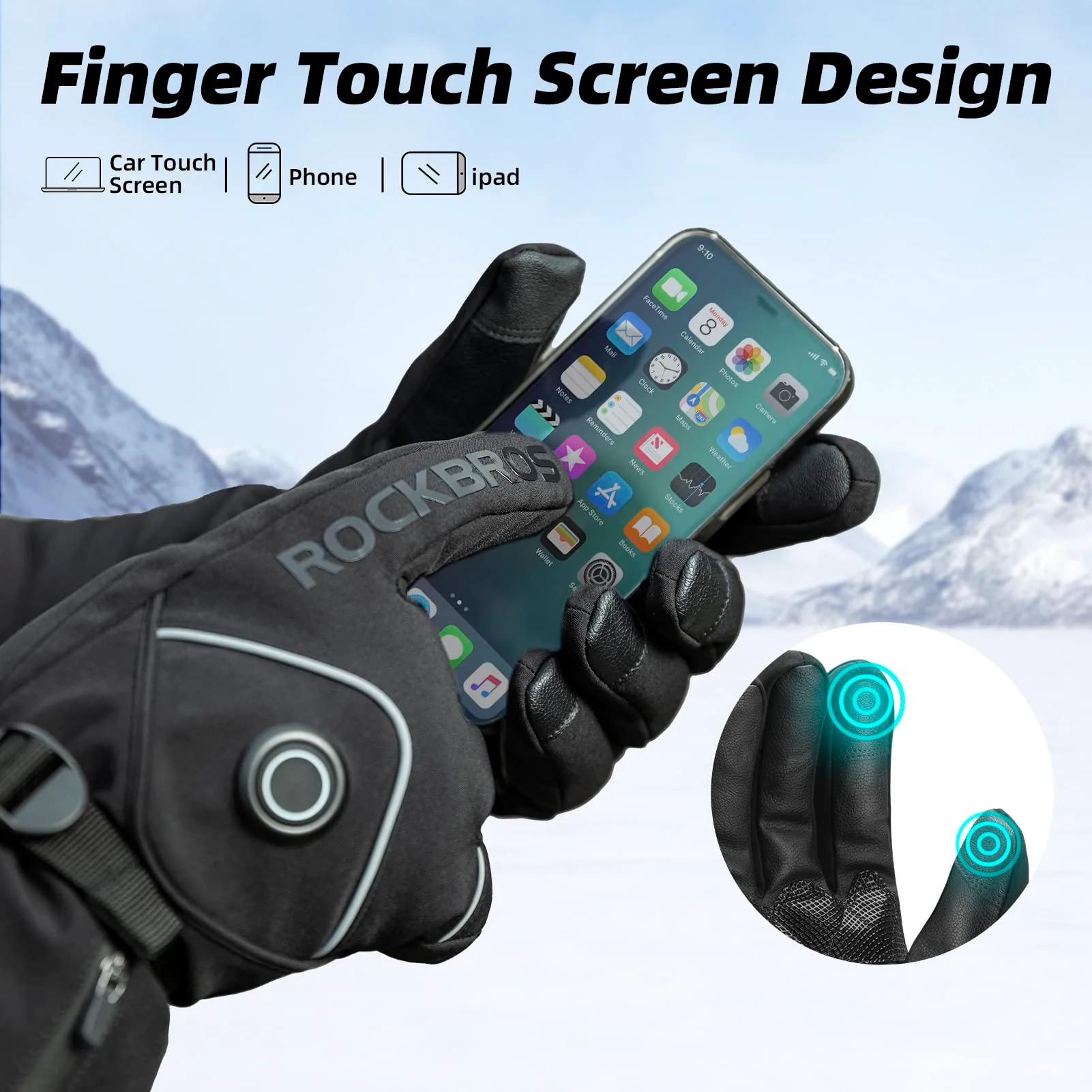 ROCKBROS Heated Gloves, Rechargeable Winter Touchscreen Gloves for Cycling, Skiing, Motorcycling - Image 4