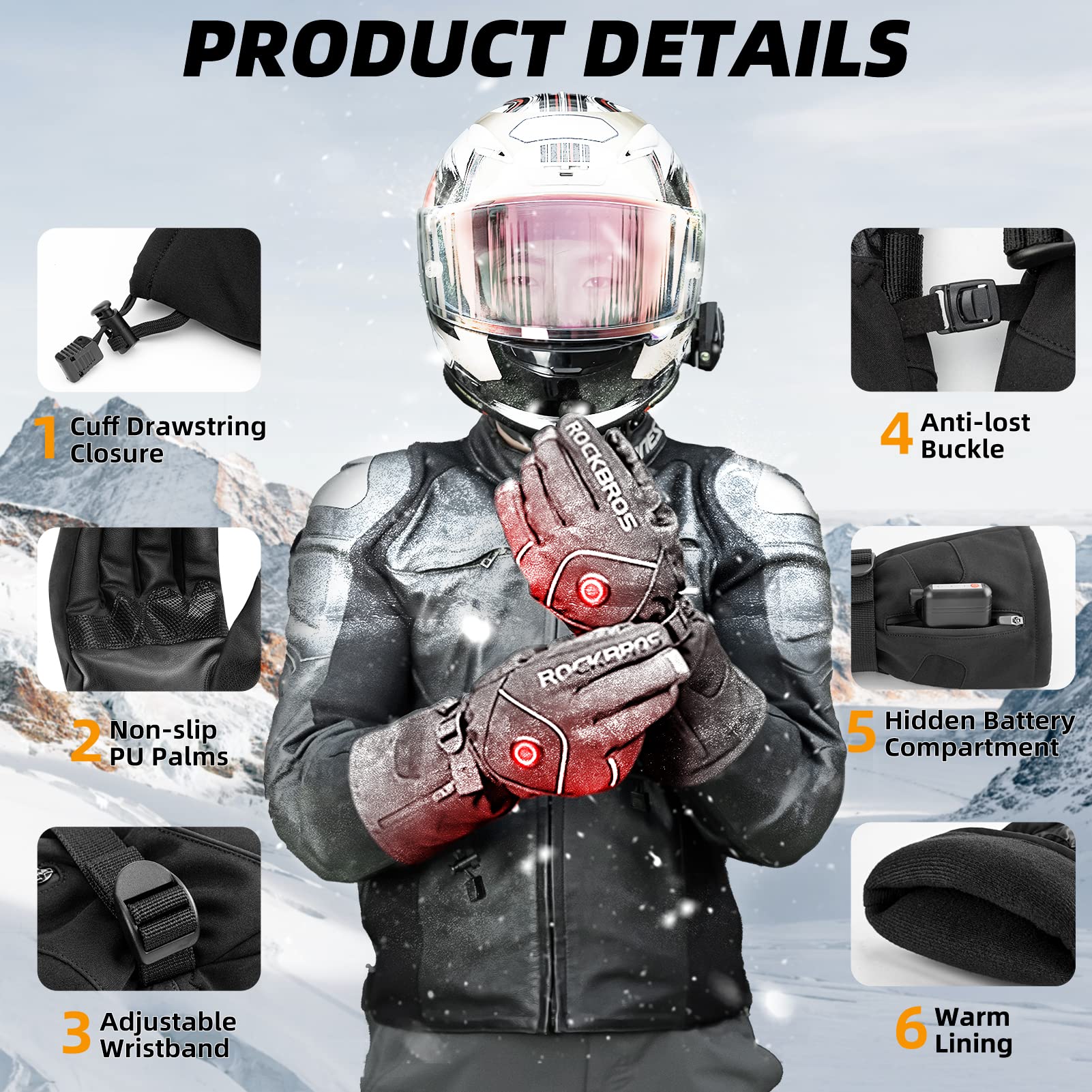 ROCKBROS Heated Gloves, Rechargeable Winter Touchscreen Gloves for Cycling, Skiing, Motorcycling - Image 5
