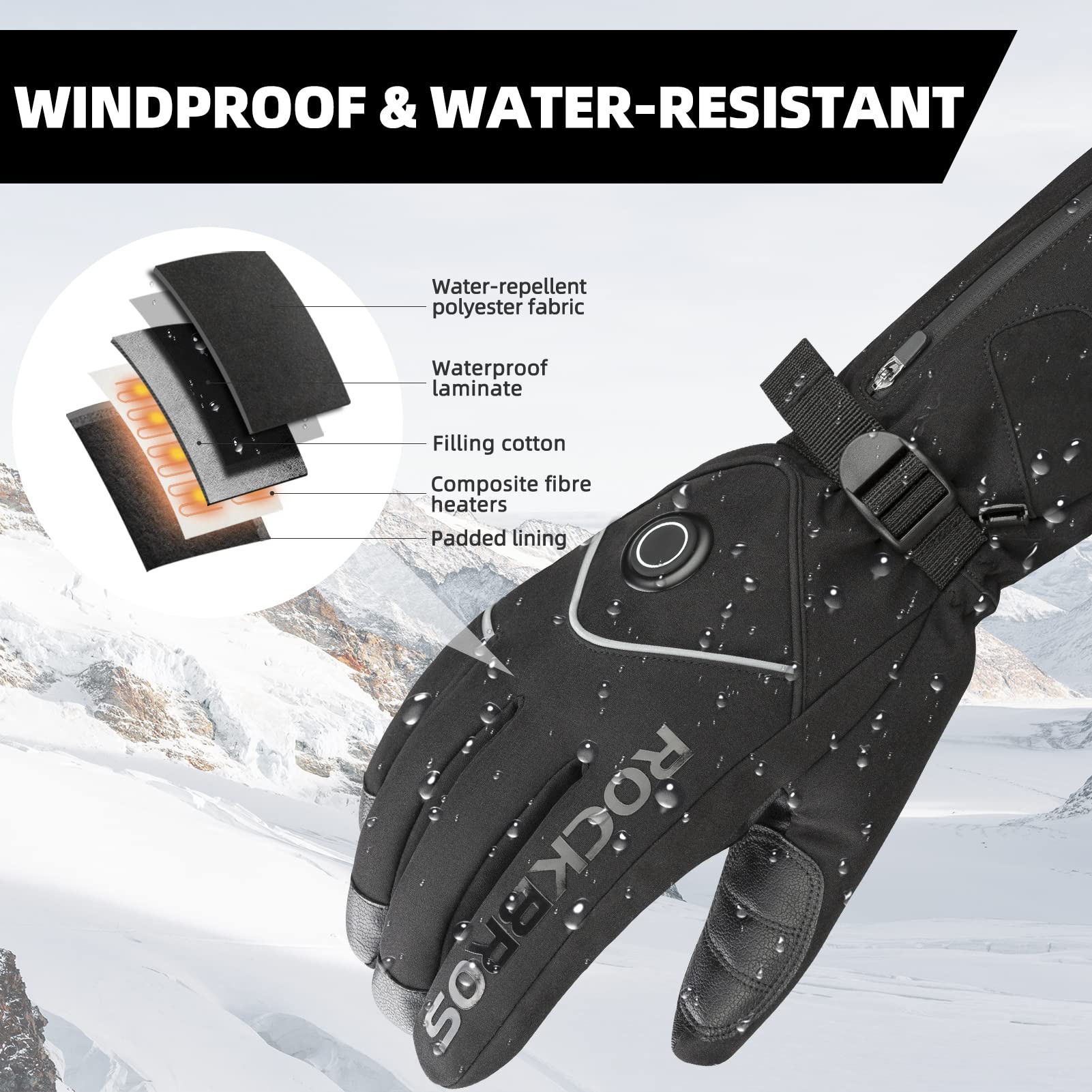 ROCKBROS Heated Gloves, Rechargeable Winter Touchscreen Gloves for Cycling, Skiing, Motorcycling - Image 7