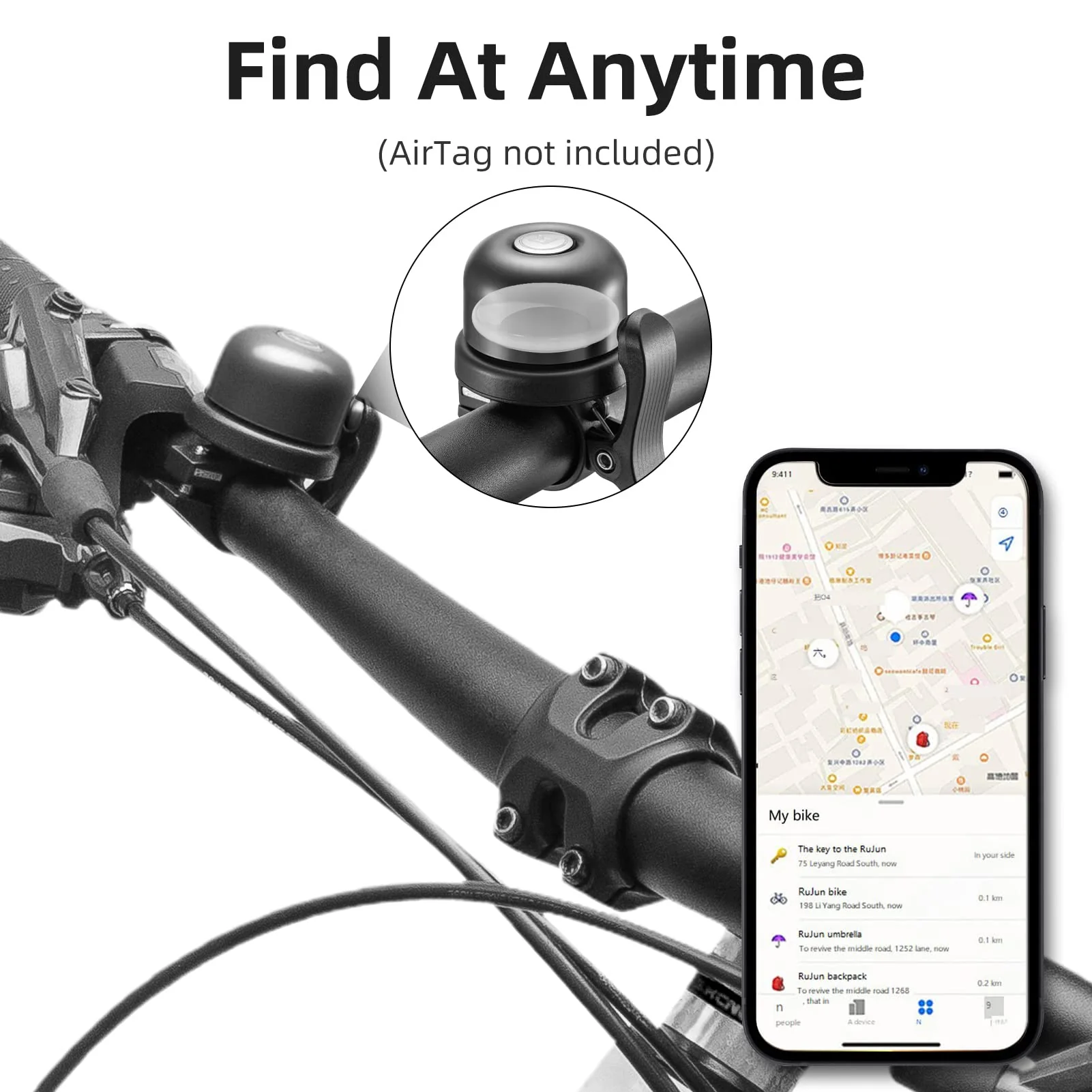 ROCKBROS Hidden AirTag Bike Bell, Anti-Theft GPS Tracker for 0.87"/22.2mm, 1"/25.4mm, 1.25"/31.8mm Handlebars - Image 11