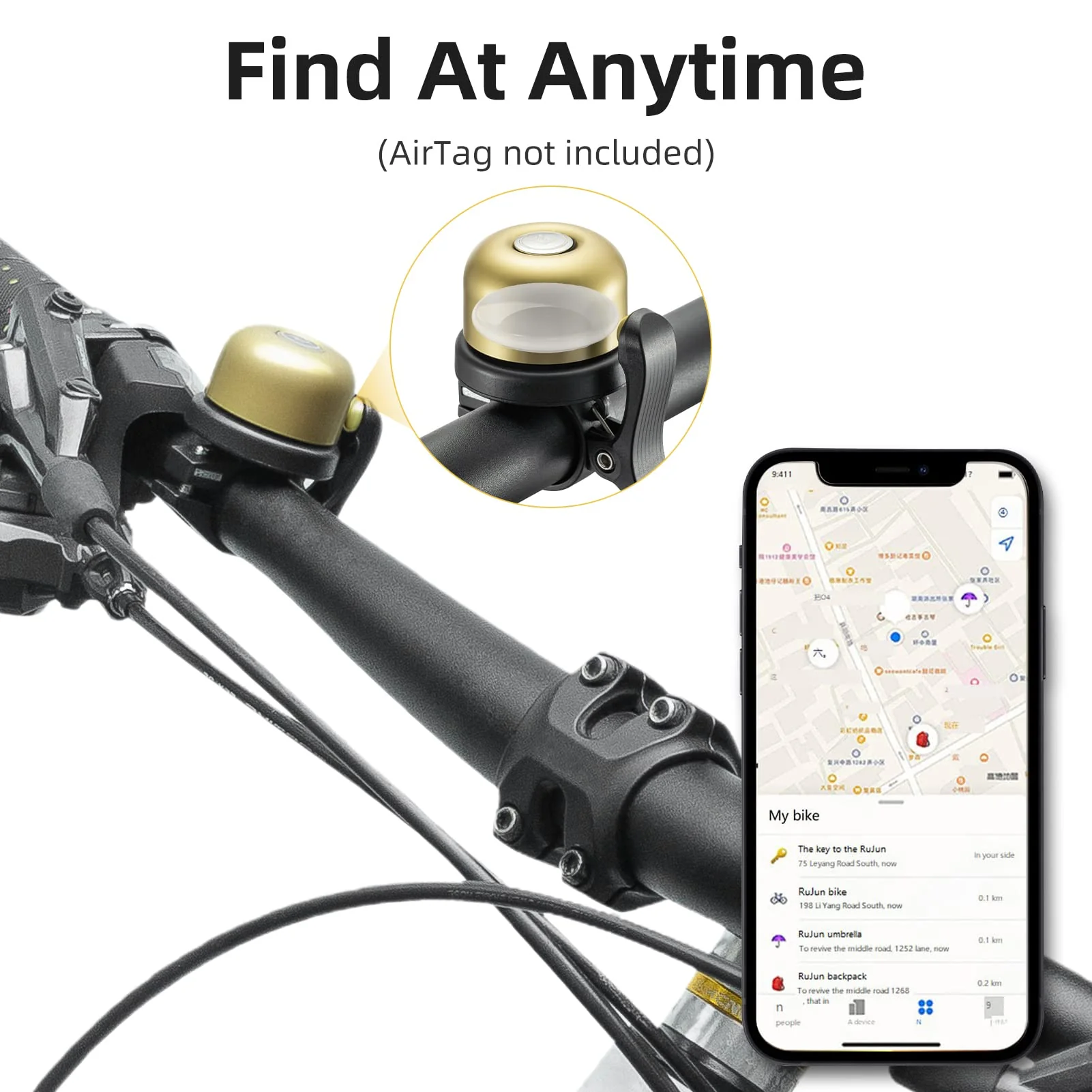 ROCKBROS Hidden AirTag Bike Bell, Anti-Theft GPS Tracker for 0.87"/22.2mm, 1"/25.4mm, 1.25"/31.8mm Handlebars - Image 4