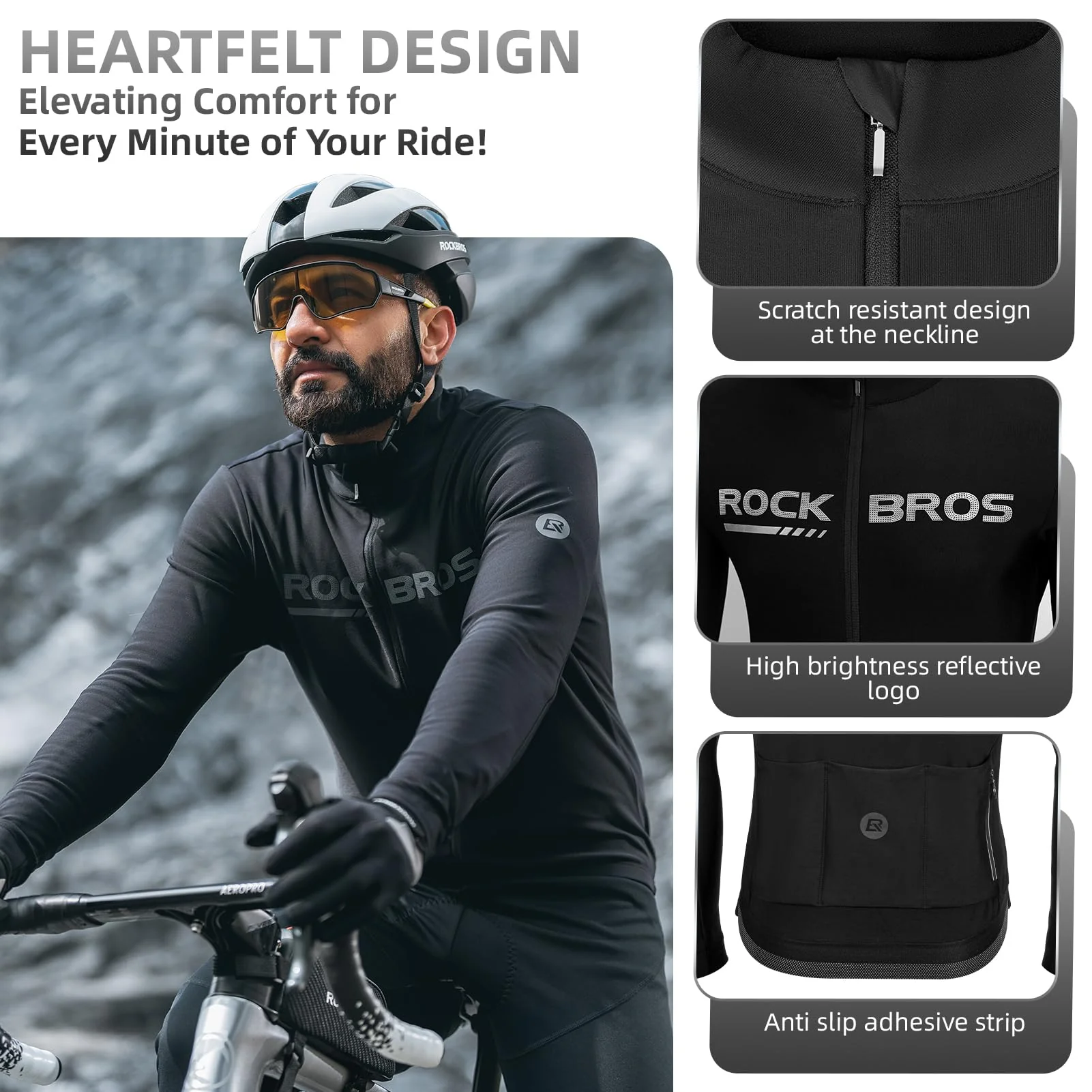 ROCKBROS Men's Long Sleeve Cycling Jersey with full zipper rear pockets perfect fit for outdoor sports - Image 6
