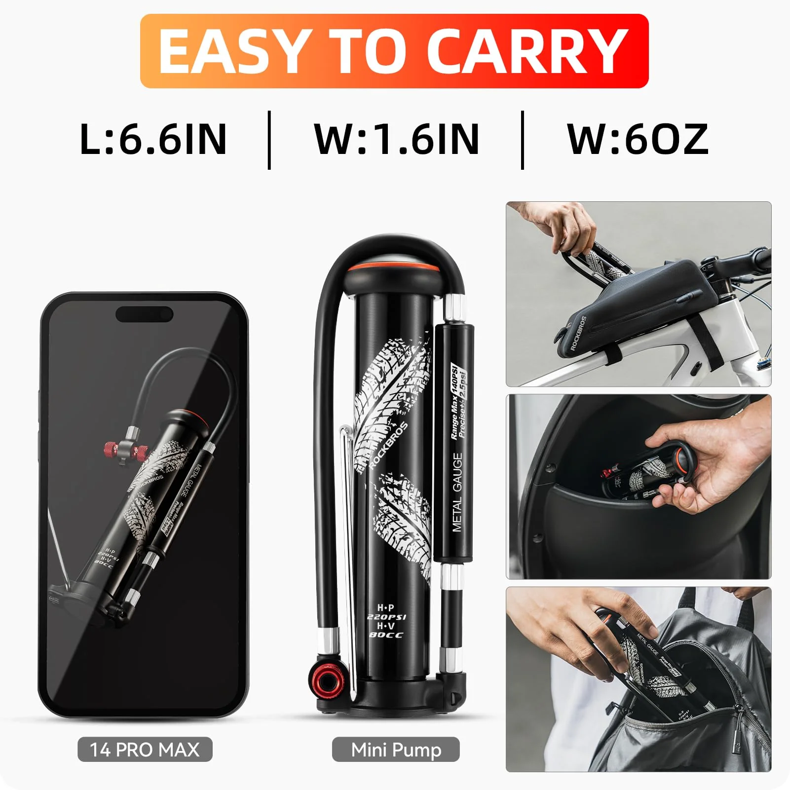ROCKBROS Mini Portable Bike Pump with Hidden Gauge 220PSI - Image 3