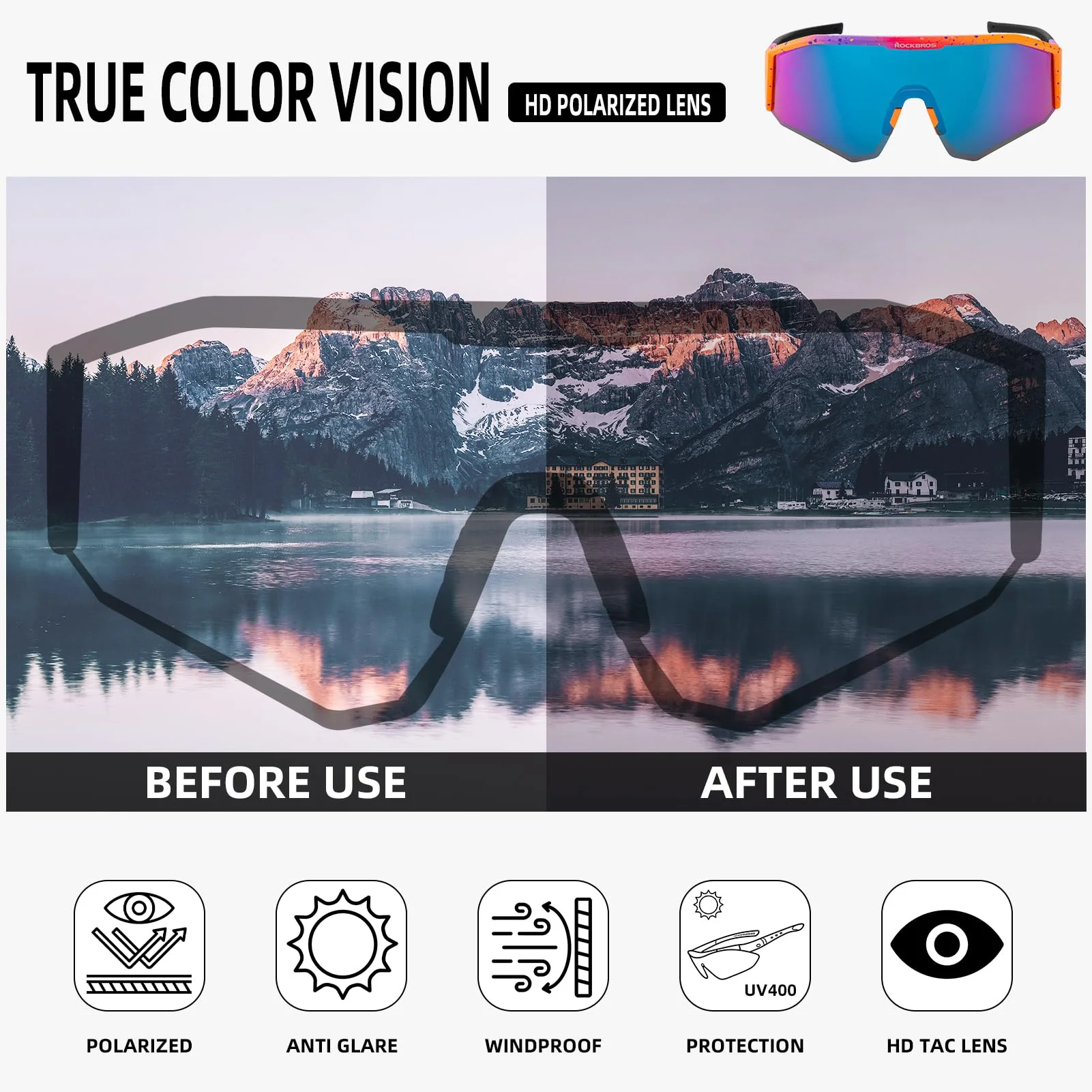 ROCKBROS Polarized Sunglasses Lightweight UV400 Protection Adjustable Fit - Image 6