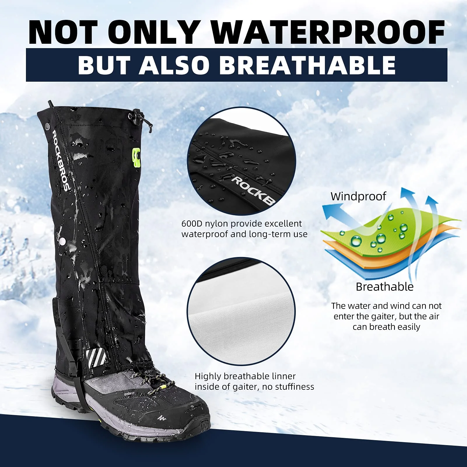 ROCKBROS Snow Boot Leg Gaiters, Waterproof Hiking Gaiters for Winter Sports and Snow Shoes - Image 2
