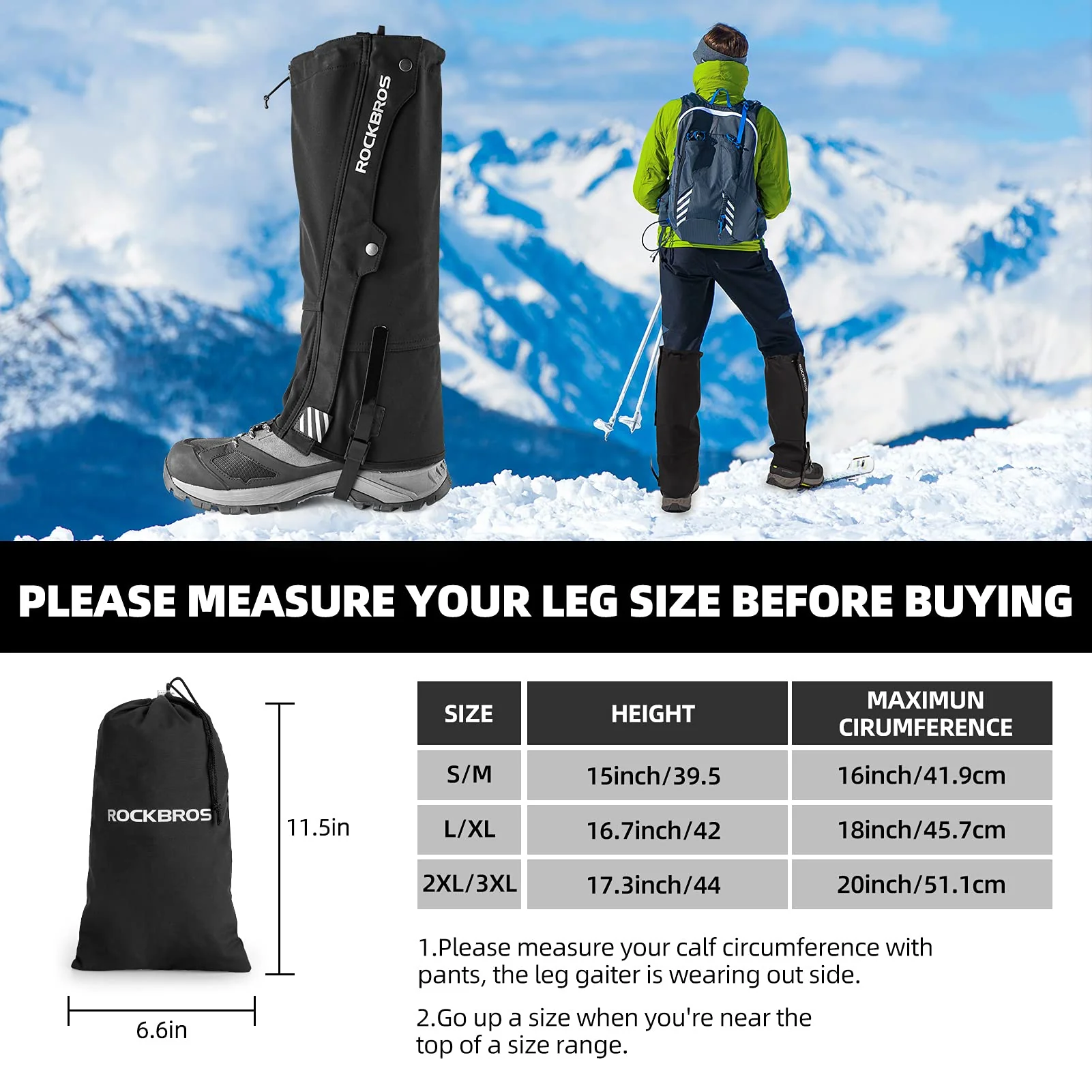 ROCKBROS Snow Boot Leg Gaiters, Waterproof Hiking Gaiters for Winter Sports and Snow Shoes - Image 6