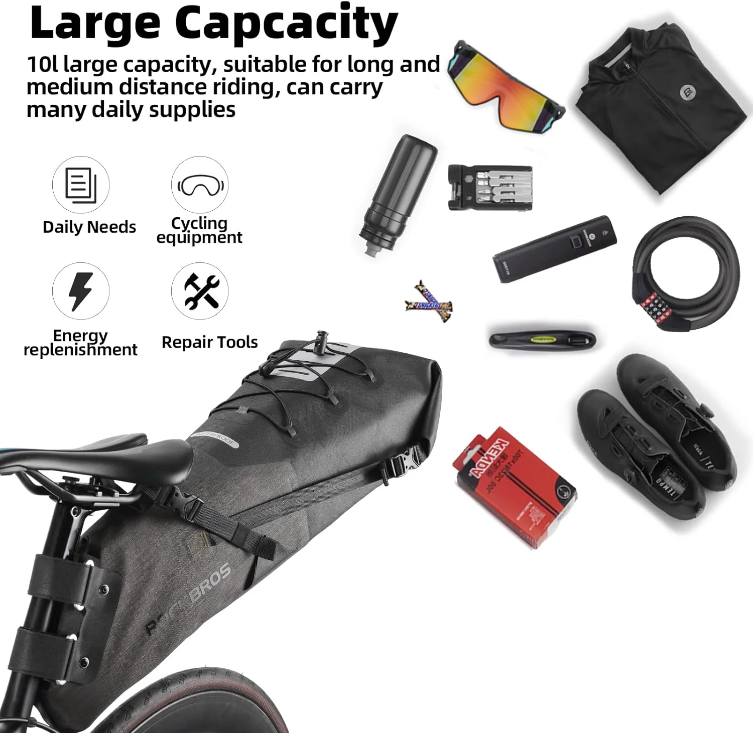 ROCKBROS Waterproof Bikepacking Saddle Bag 14L Adjustable Capacity Easy Install - Image 11