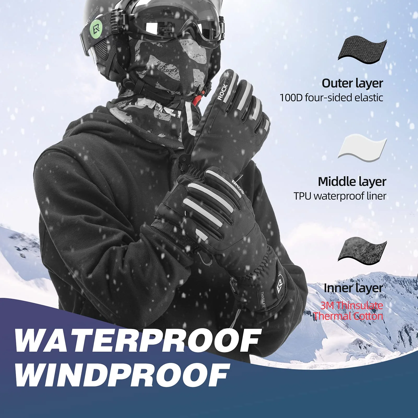 ROCKBROS Winter Ski Gloves Waterproof 3M Thinsulate Touch Screen Thermal Gloves for Men Women - Image 2