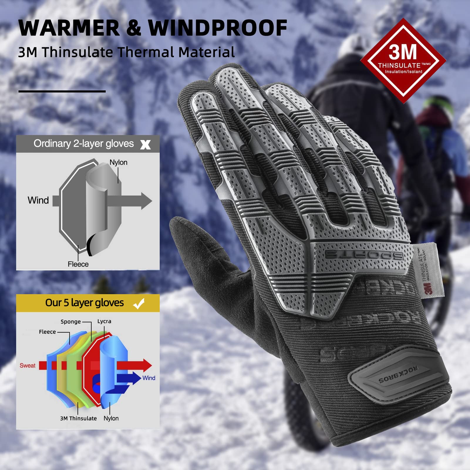 ROCKBROS Winter Touchscreen Motorcycle Gloves with Palm Padding & Knuckle Protection - Image 2