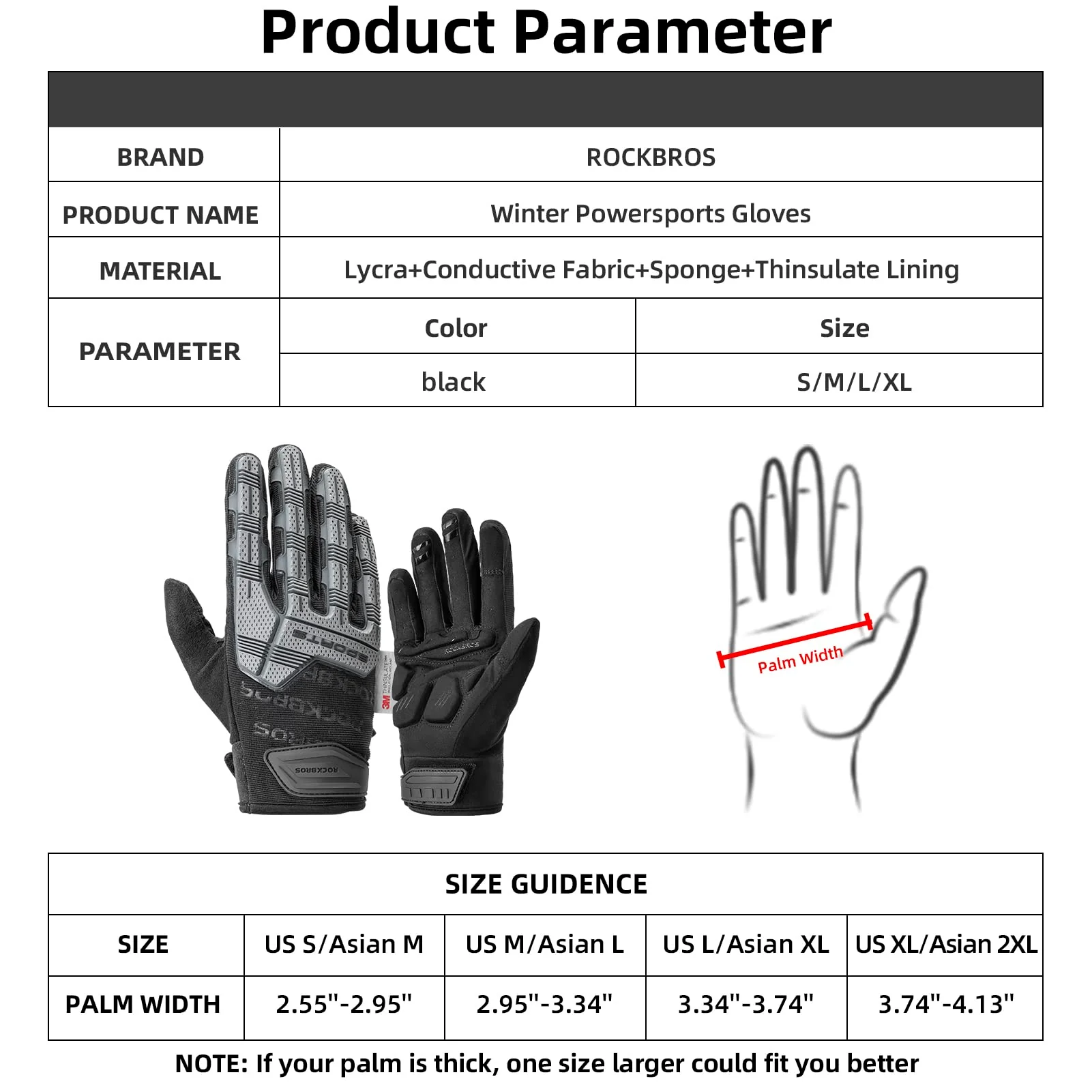 ROCKBROS Winter Touchscreen Motorcycle Gloves with Palm Padding & Knuckle Protection - Image 6